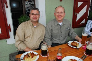 Dan DeRoche and Roy Brandell enjoy sausages, sauerkraut and of course, beer at the Wurstkuche in Regensburg, Germany in May