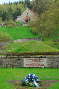 Ash and bone heap and the chapel, built in 1946