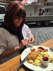 Schnitzel in the town square on her first evening, yum! 